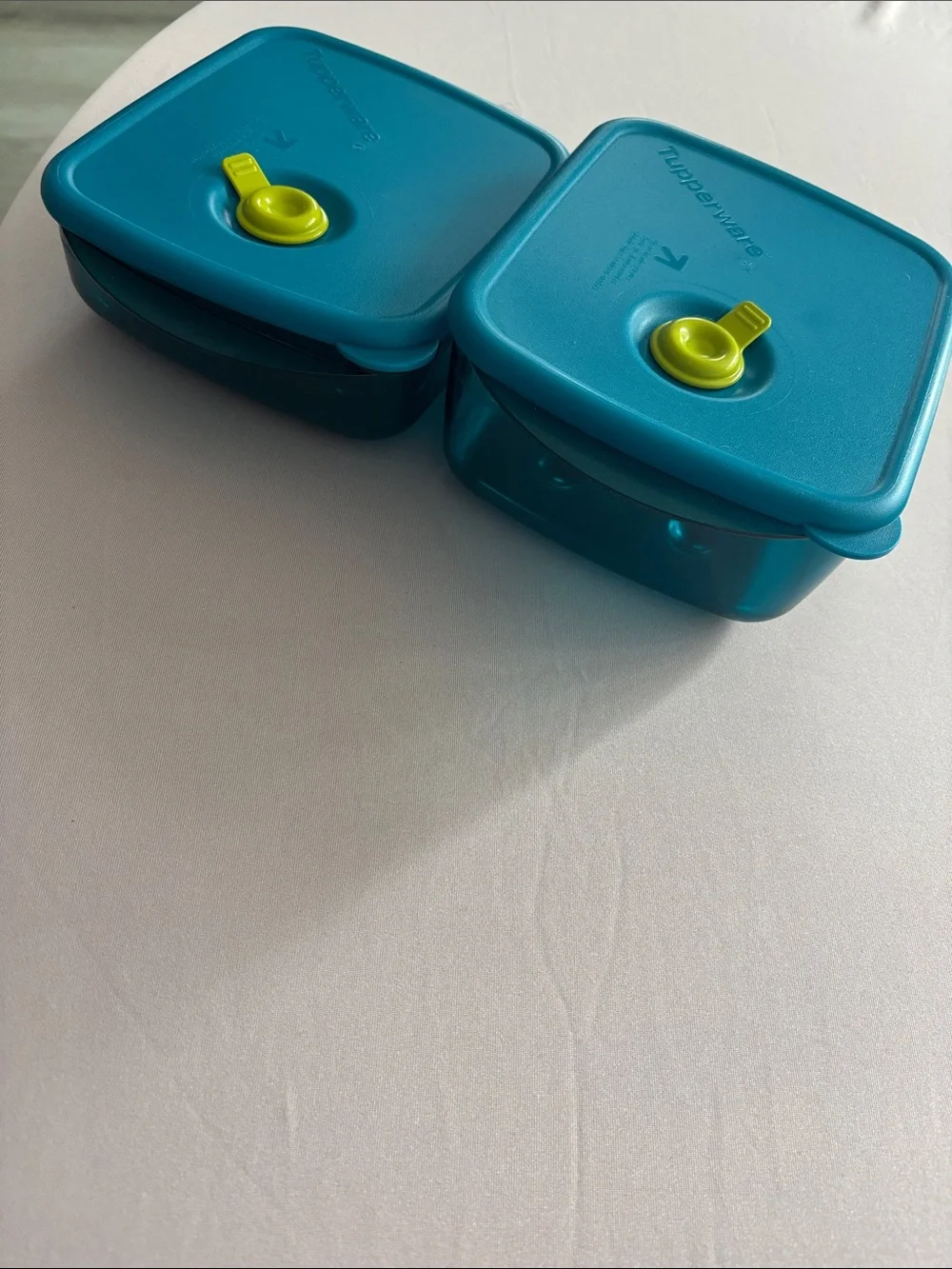 Tupperware Teal Blue Containers with Lime Green Vents (Pair)